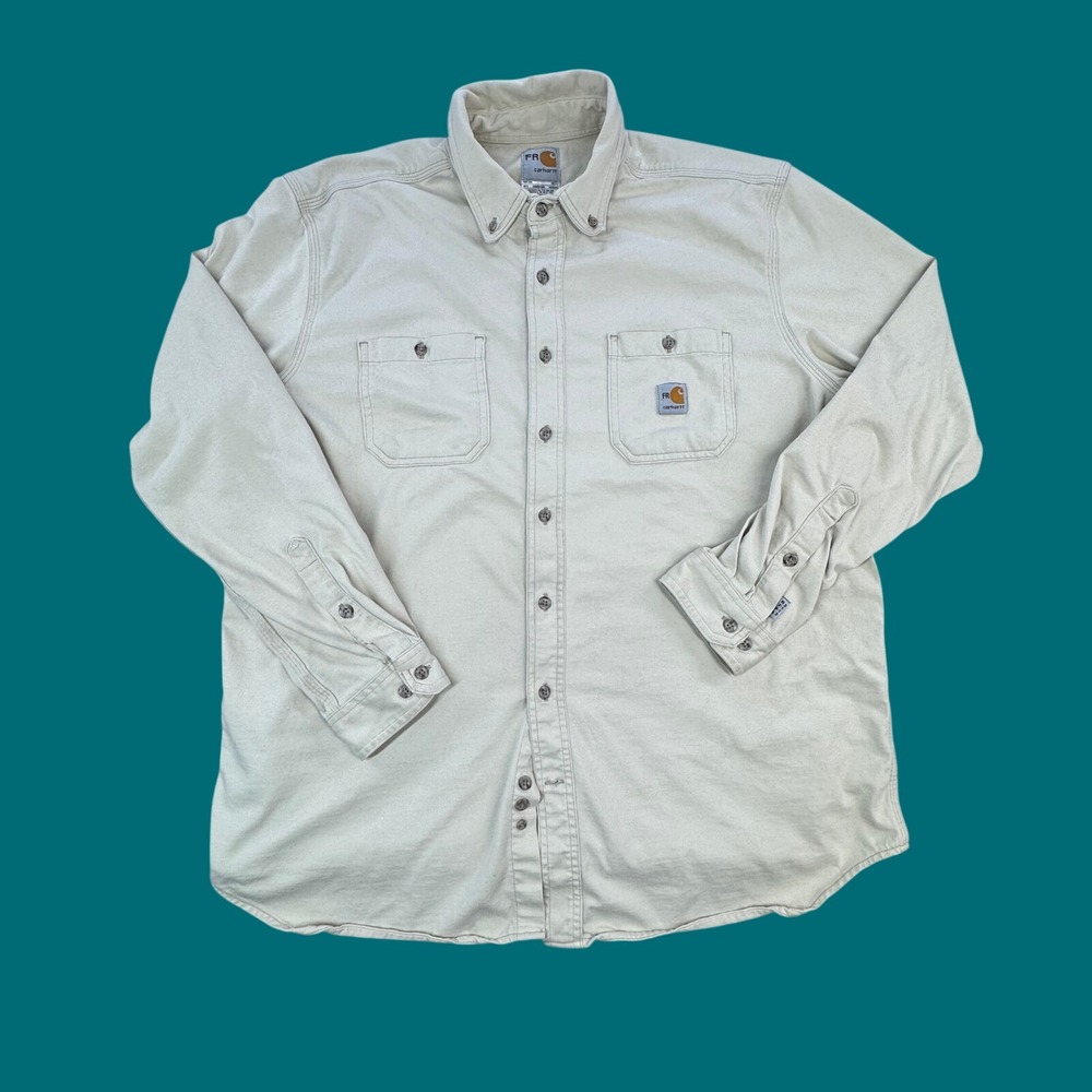 Carhartt FR Flame Resistant Work Shirt Khaki Tan Mens XL HRC 2 *FLAWS